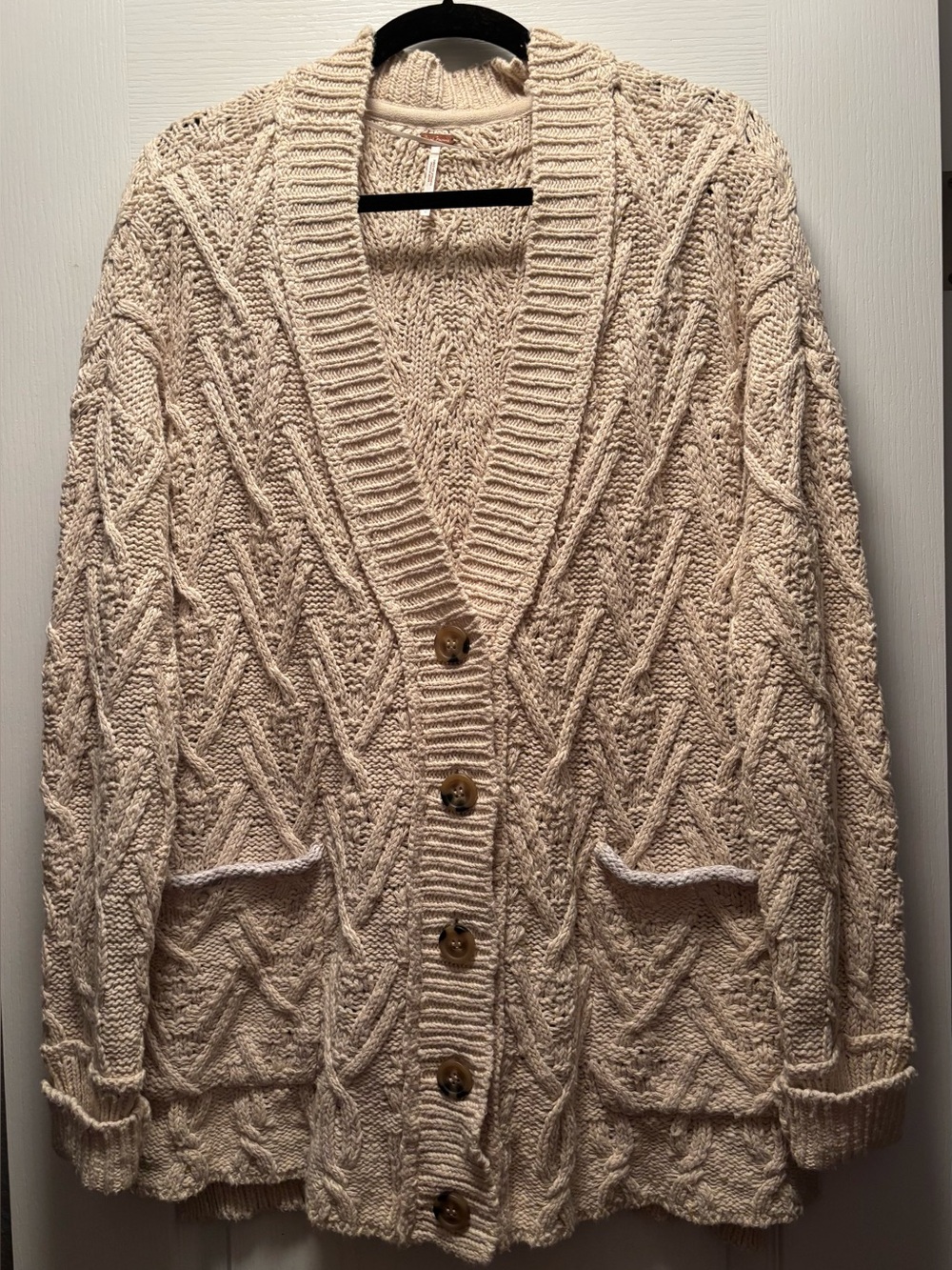 Cream Free People "Montana" Chunky Cable Knit Cardigan Sweater
